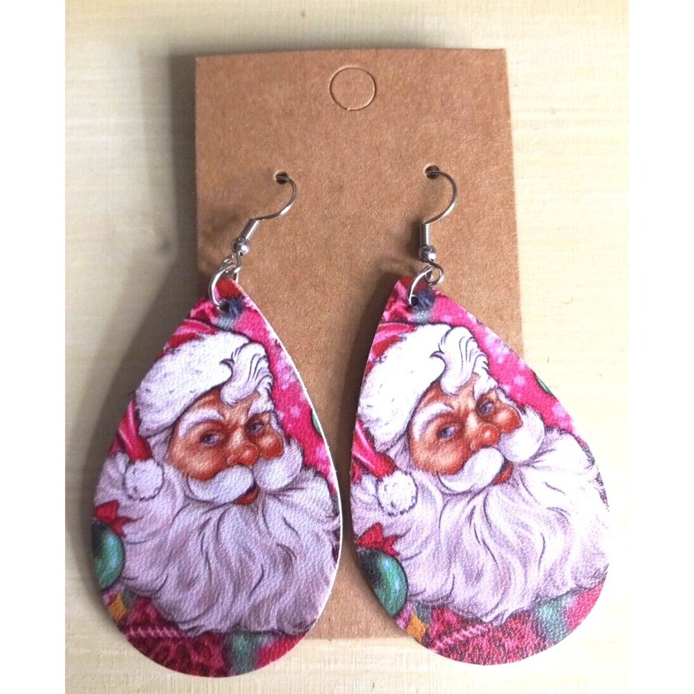 Smirking Santa Earrings Pink Background Dangles 3 Inch Drop Double Sided